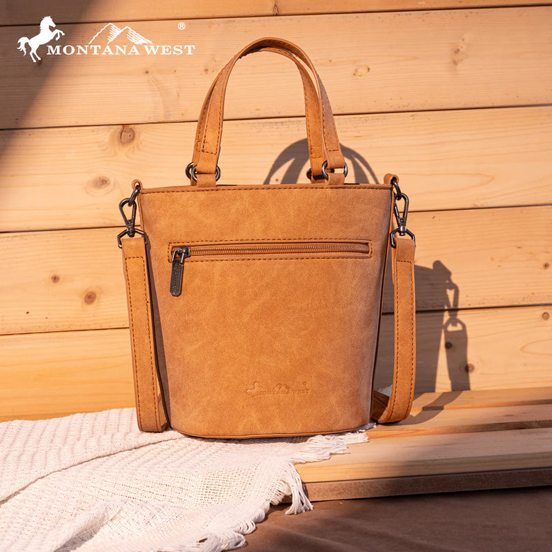 Load image into Gallery viewer, MW1310-8369BR - Montana West Embroidered Aztec Collection Bucket Tote/Crossbody - Brown
