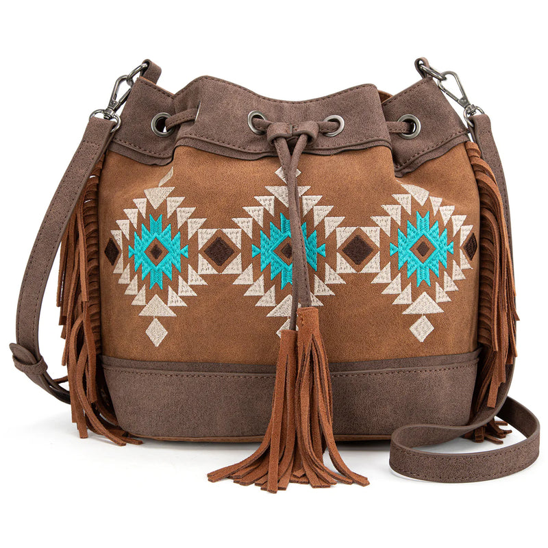 Load image into Gallery viewer, MW1312-8311BR - Montana West Embroidered Collection Drawstring Shoulder Bag/Crossbody - Brown
