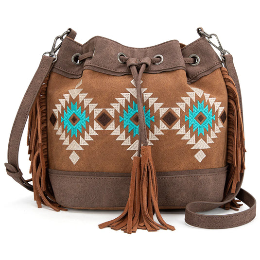 MW1312-8311BR - Montana West Embroidered Collection Drawstring Shoulder Bag/Crossbody - Brown