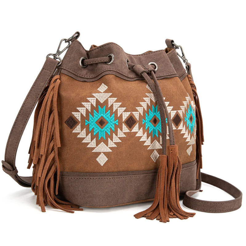 Load image into Gallery viewer, MW1312-8311BR - Montana West Embroidered Collection Drawstring Shoulder Bag/Crossbody - Brown
