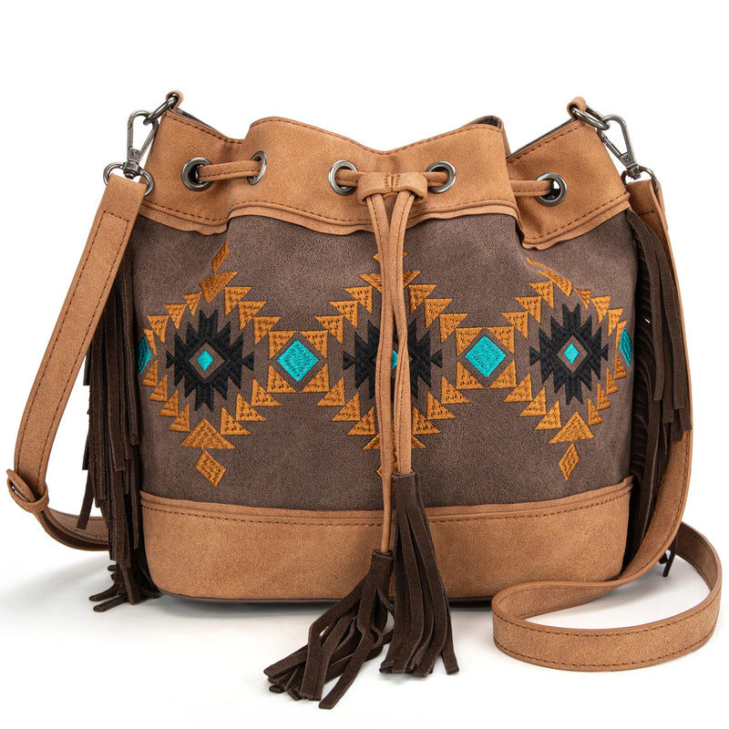 Load image into Gallery viewer, MW1312-8311CF - Montana West Embroidered Collection Drawstring Shoulder Bag/Crossbody - Coffee
