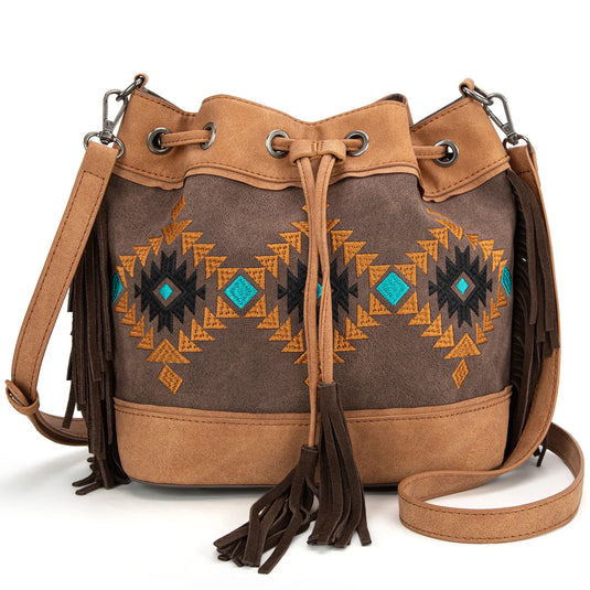 MW1312-8311CF - Montana West Embroidered Collection Drawstring Shoulder Bag/Crossbody - Coffee