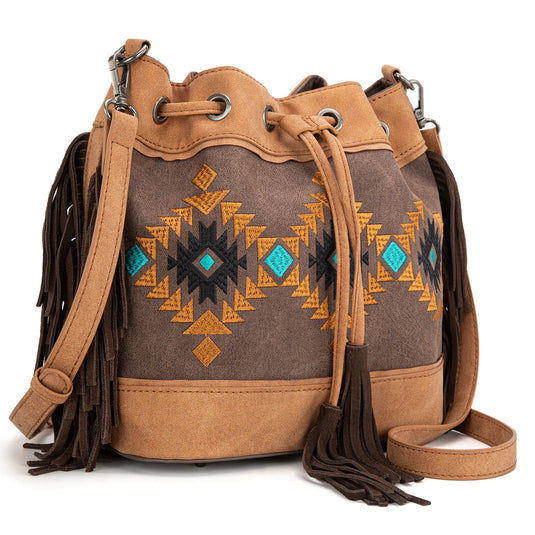 MW1312-8311CF - Montana West Embroidered Collection Drawstring Shoulder Bag/Crossbody - Coffee