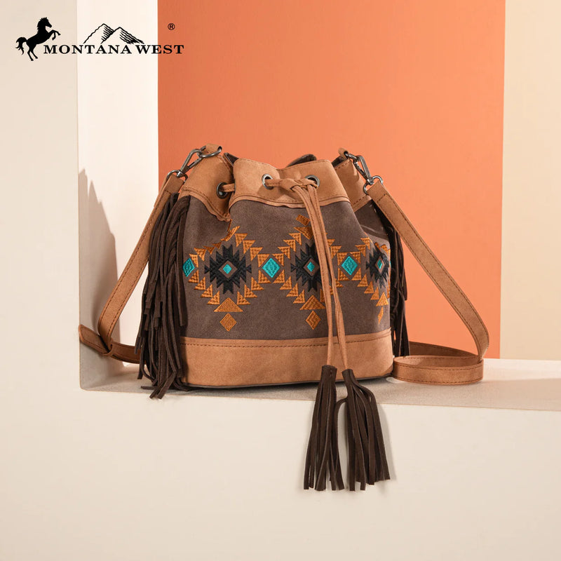 Load image into Gallery viewer, MW1312-8311CF - Montana West Embroidered Collection Drawstring Shoulder Bag/Crossbody - Coffee
