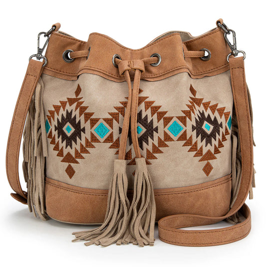 MW1312-8311TN - Montana West Embroidered Collection Drawstring Shoulder Bag/Crossbody - Tan
