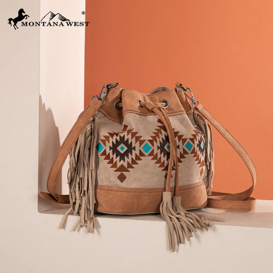 MW1312-8311TN - Montana West Embroidered Collection Drawstring Shoulder Bag/Crossbody - Tan
