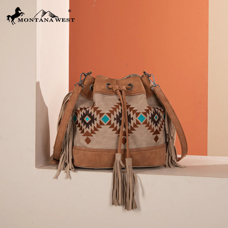 Load image into Gallery viewer, MW1312-8311TN - Montana West Embroidered Collection Drawstring Shoulder Bag/Crossbody - Tan
