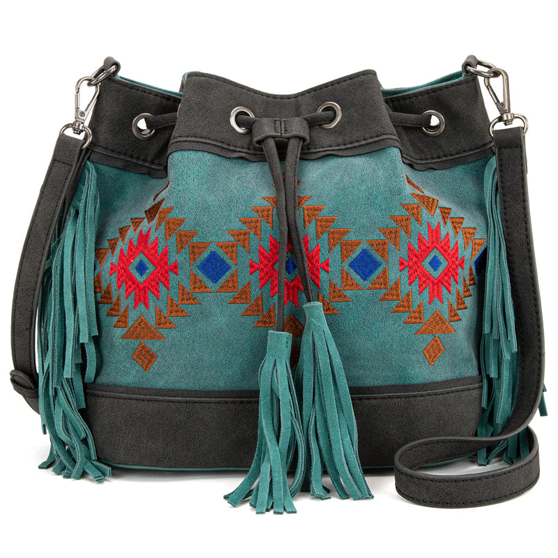 Load image into Gallery viewer, MW1312-8311TQ - Montana West Embroidered Collection Drawstring Shoulder Bag/Crossbody - Turquoise
