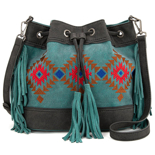 MW1312-8311TQ - Montana West Embroidered Collection Drawstring Shoulder Bag/Crossbody - Turquoise