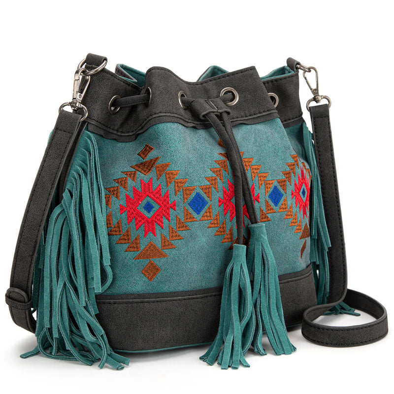 Load image into Gallery viewer, MW1312-8311TQ - Montana West Embroidered Collection Drawstring Shoulder Bag/Crossbody - Turquoise
