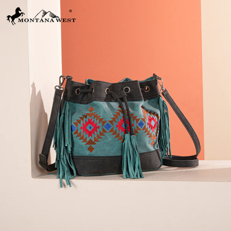 Load image into Gallery viewer, MW1312-8311TQ - Montana West Embroidered Collection Drawstring Shoulder Bag/Crossbody - Turquoise
