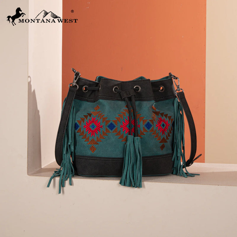 Load image into Gallery viewer, MW1312-8311TQ - Montana West Embroidered Collection Drawstring Shoulder Bag/Crossbody - Turquoise
