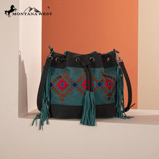 MW1312-8311TQ - Montana West Embroidered Collection Drawstring Shoulder Bag/Crossbody - Turquoise