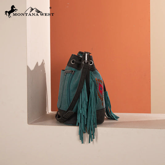 MW1312-8311TQ - Montana West Embroidered Collection Drawstring Shoulder Bag/Crossbody - Turquoise