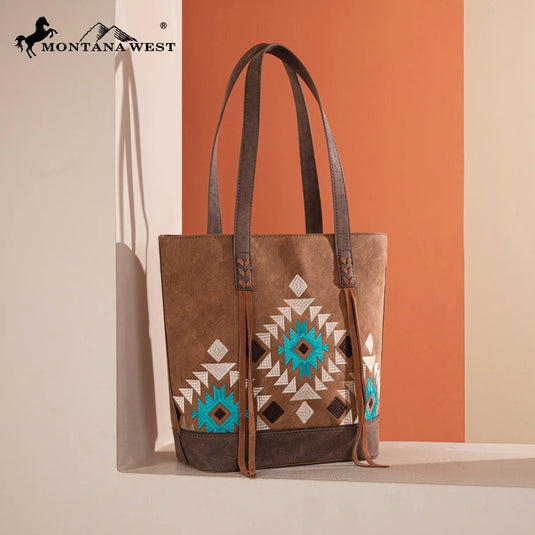 MW1312G-8317BR - Montana West Embroidered Collection Tote - Brown