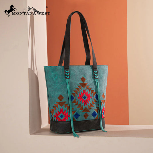 MW1312G-8317TQ - Montana West Embroidered Collection Tote - Turquoise