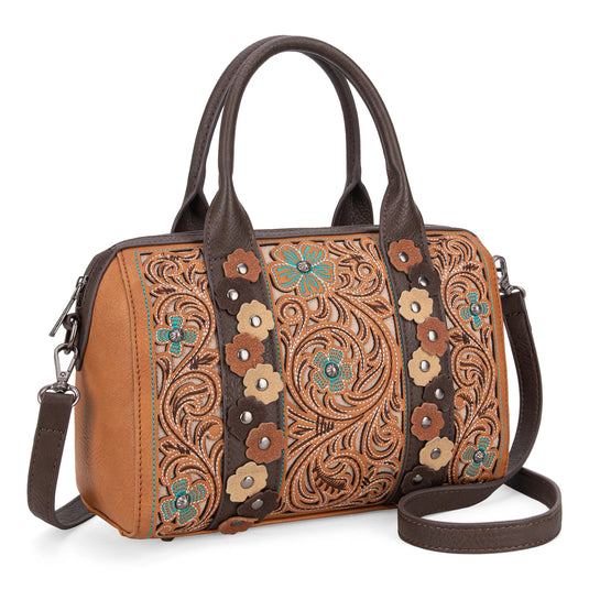 MW1313-9800BR - Montana West Embroidered Barrel Satchel Bag/Crossbody
