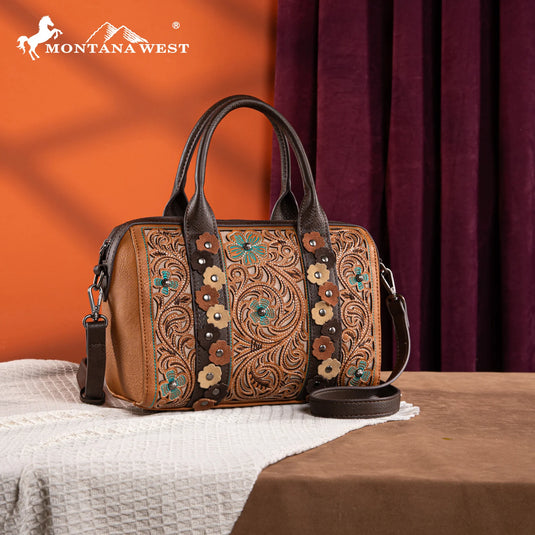 MW1313-9800BR - Montana West Embroidered Barrel Satchel Bag/Crossbody