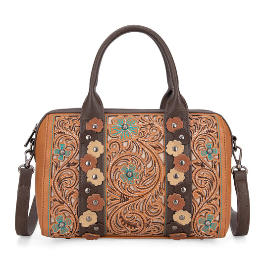 MW1313-9800BR - Montana West Embroidered Barrel Satchel Bag/Crossbody