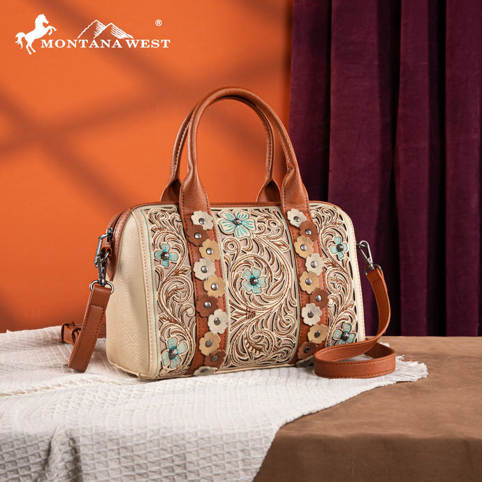 MW1313-9800TN - Montana West Embroidered Barrel Satchel Bag/Crossbody