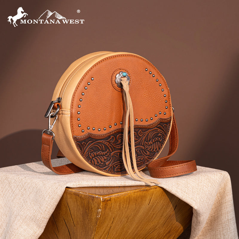 Load image into Gallery viewer, MW1314-118BR - Montana West Tooled Collection Circle Bag/Crossbody
