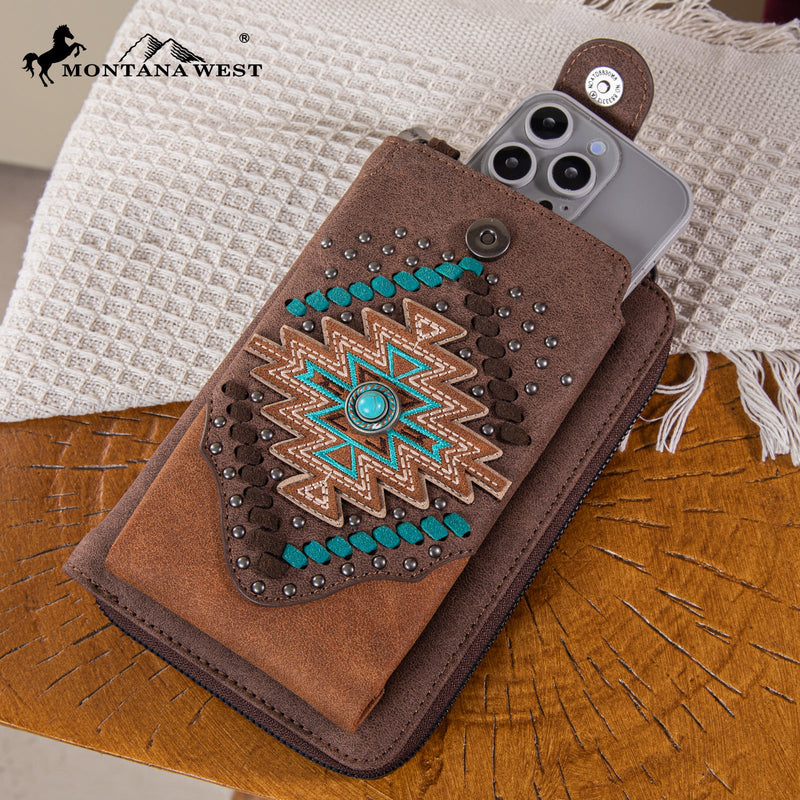 Load image into Gallery viewer, MW1315-183CF - Montana West Embroidered Aztec Collection Phone Wallet/Crossbody - Coffee
