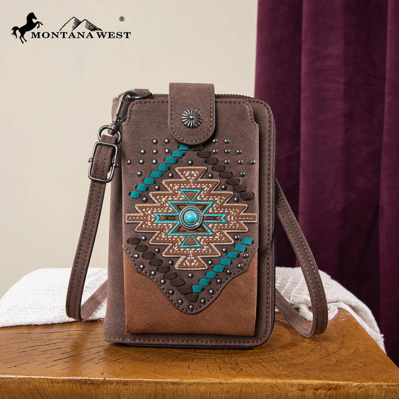 Load image into Gallery viewer, MW1315-183CF - Montana West Embroidered Aztec Collection Phone Wallet/Crossbody - Coffee
