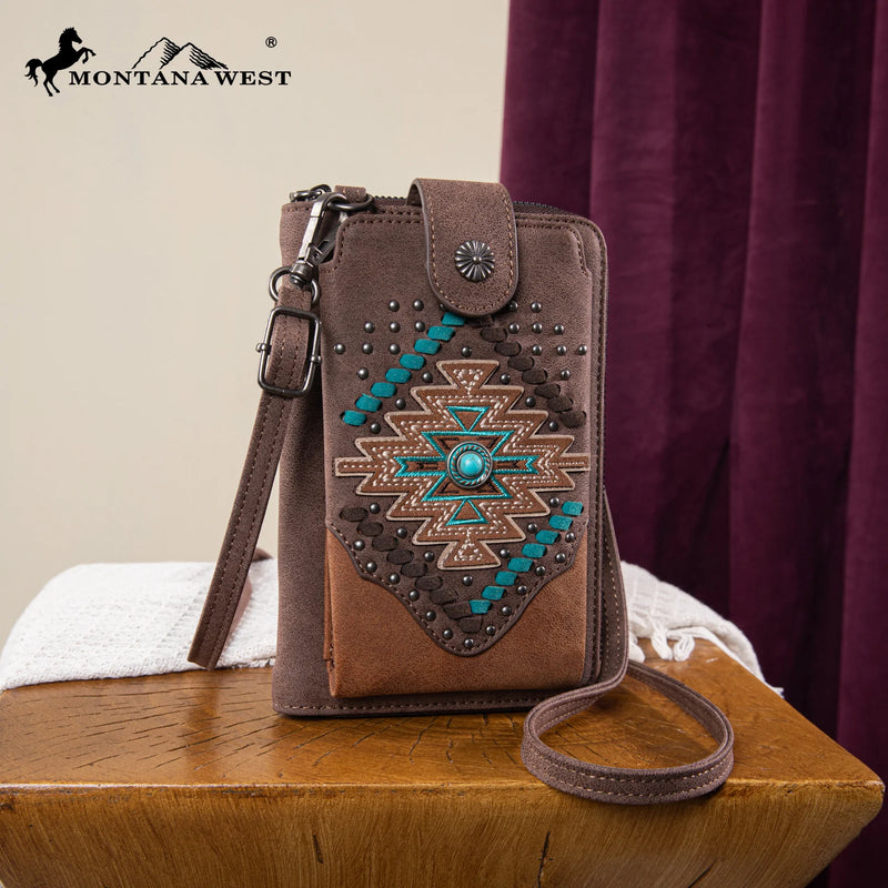 Load image into Gallery viewer, MW1315-183CF - Montana West Embroidered Aztec Collection Phone Wallet/Crossbody - Coffee
