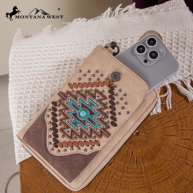 Load image into Gallery viewer, MW1315-183TN - Montana West Embroidered Aztec Collection Phone Wallet/Crossbody - Tan
