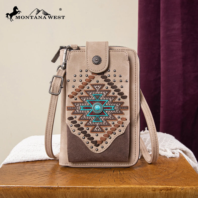 Load image into Gallery viewer, MW1315-183TN - Montana West Embroidered Aztec Collection Phone Wallet/Crossbody - Tan
