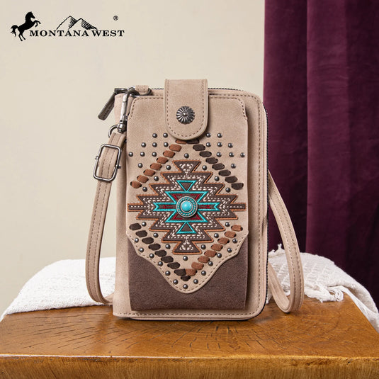 MW1315-183TN - Montana West Embroidered Aztec Collection Phone Wallet/Crossbody - Tan