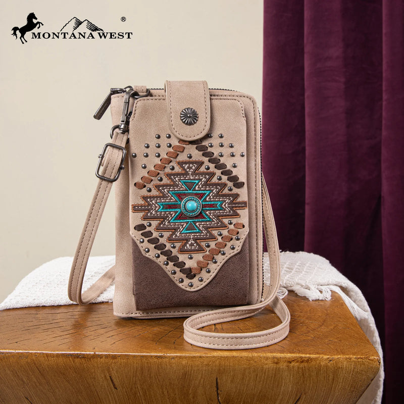 Load image into Gallery viewer, MW1315-183TN - Montana West Embroidered Aztec Collection Phone Wallet/Crossbody - Tan
