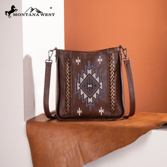 MW1317-8360BR - Montana West Embroidered Aztec Crossbody - Brown