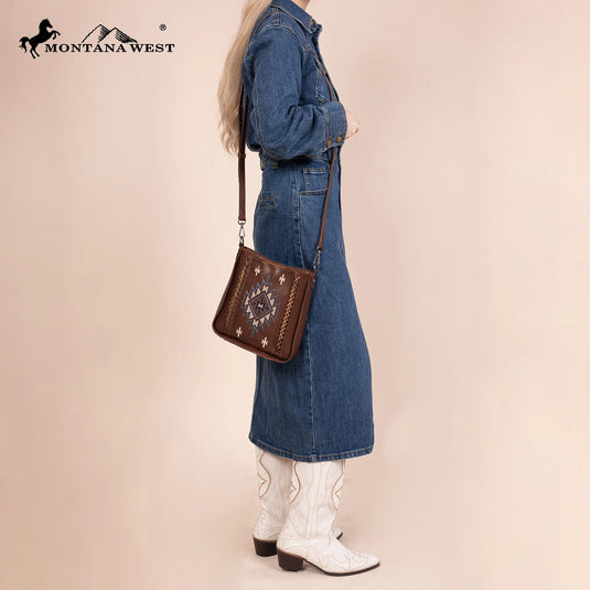 MW1317-8360BR - Montana West Embroidered Aztec Crossbody - Brown