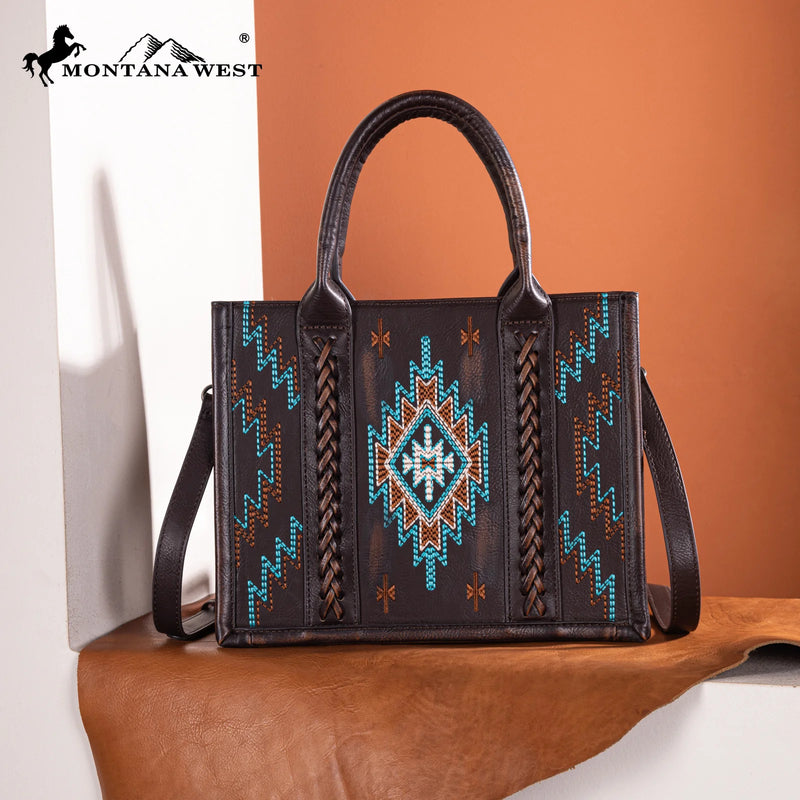 Load image into Gallery viewer, MW1317G-8899CF - Montana West Embroidered Aztec Tote/Crossbody - Coffee
