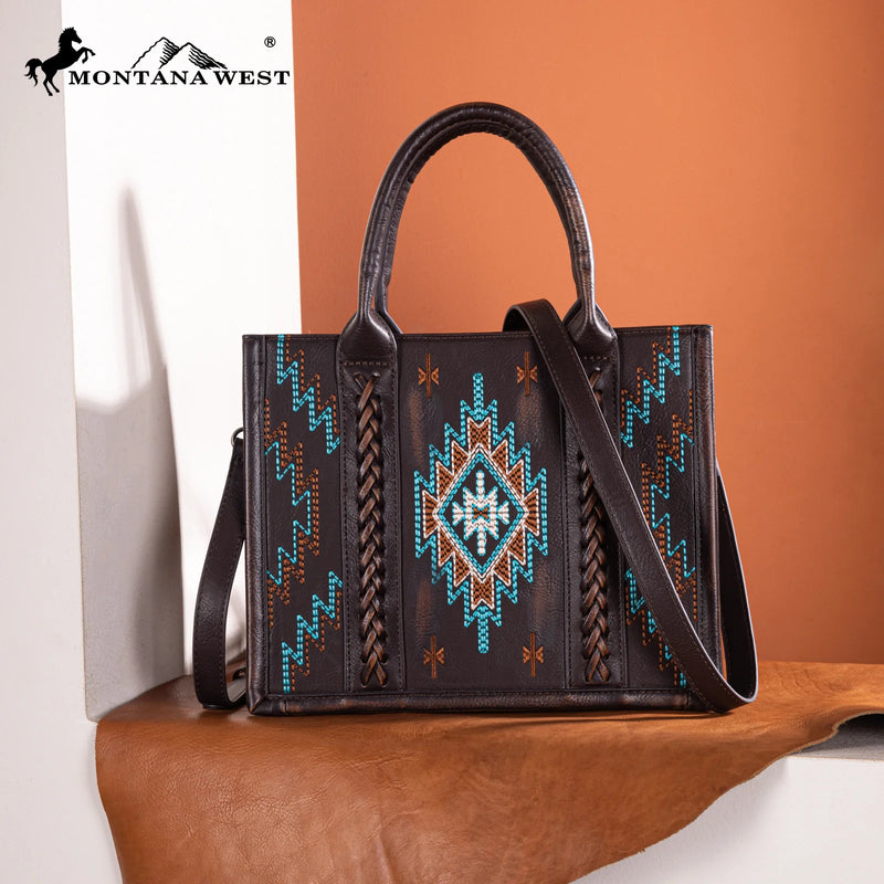 Load image into Gallery viewer, MW1317G-8899CF - Montana West Embroidered Aztec Tote/Crossbody - Coffee
