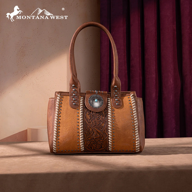 Load image into Gallery viewer, MW1322G-8250BR - Montana West Tooled Concho Concealed Carry Tote
