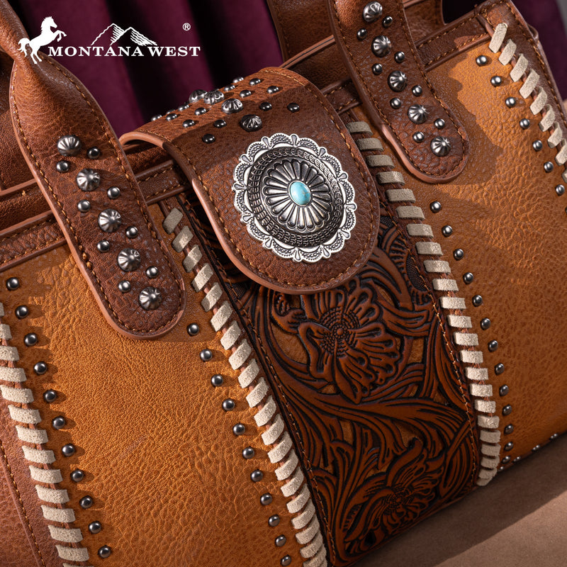 Load image into Gallery viewer, MW1322G-8250BR - Montana West Tooled Concho Concealed Carry Tote
