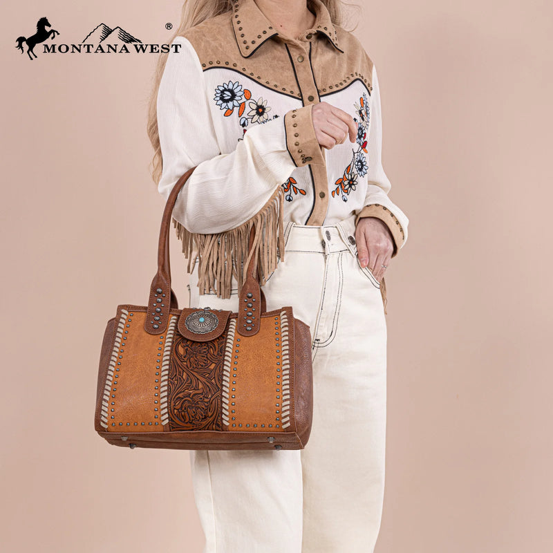 Load image into Gallery viewer, MW1322G-8250BR - Montana West Tooled Concho Concealed Carry Tote
