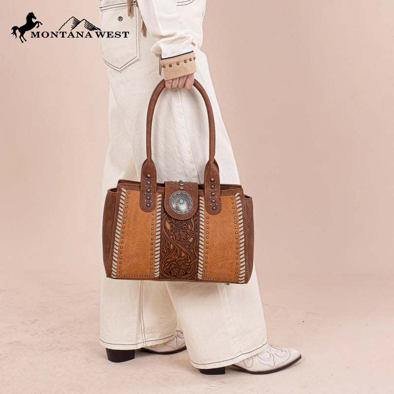 Load image into Gallery viewer, MW1322G-8250BR - Montana West Tooled Concho Concealed Carry Tote
