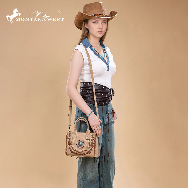 Load image into Gallery viewer, MW1331-8322TN - Montana West Concho Collection Small Tote/Crossbody - Tan
