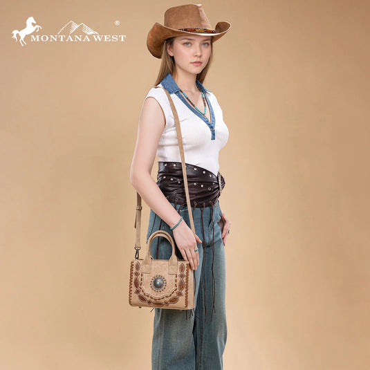 MW1331-8322TN - Montana West Concho Collection Small Tote/Crossbody - Tan