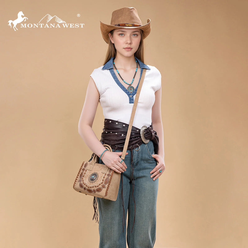 Load image into Gallery viewer, MW1331-8322TN - Montana West Concho Collection Small Tote/Crossbody - Tan
