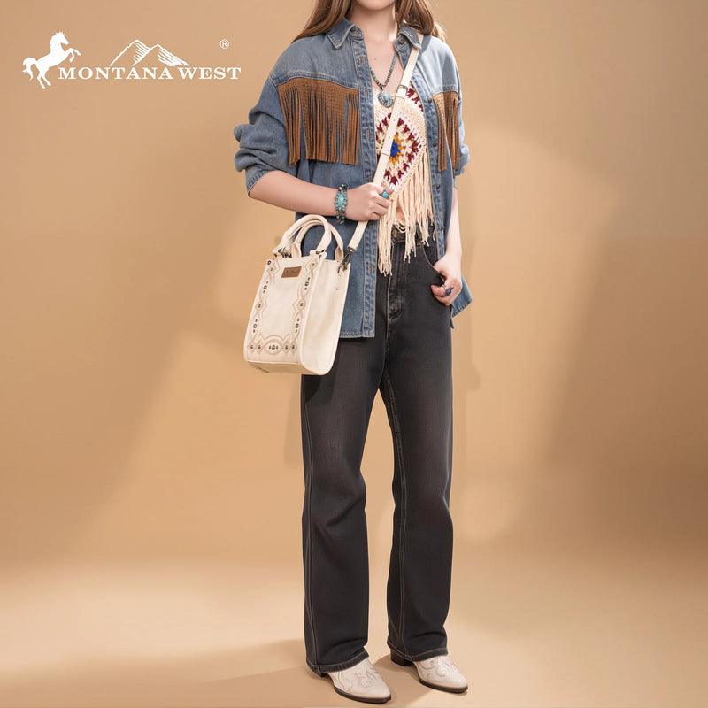 Load image into Gallery viewer, MW1334-1831BG - Montana West Embroidered Aztec Small Tote/Crossbody - Beige
