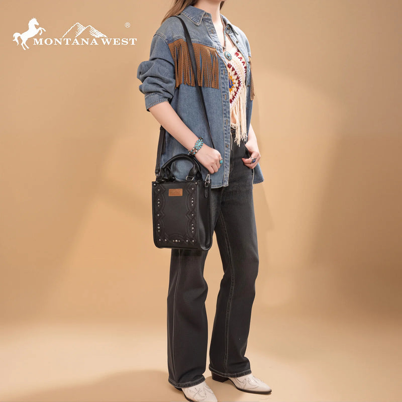 Load image into Gallery viewer, MW1334-1831BK - Montana West Embroidered Aztec Small Tote/Crossbody - Black
