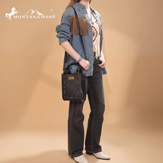 MW1334-1831BK - Montana West Embroidered Aztec Small Tote/Crossbody - Black