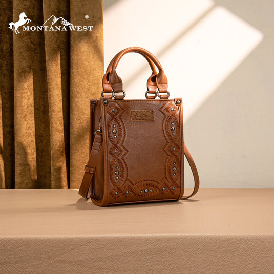 MW1334-1831BR - Montana West Embroidered Aztec Small Tote/Crossbody - Brown