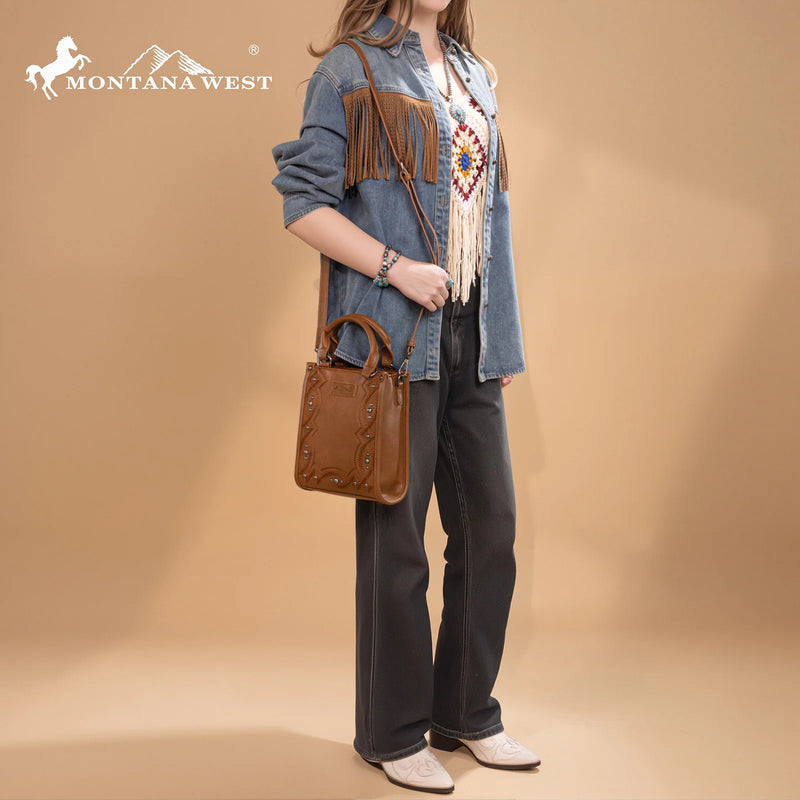 Load image into Gallery viewer, MW1334-1831BR - Montana West Embroidered Aztec Small Tote/Crossbody - Brown

