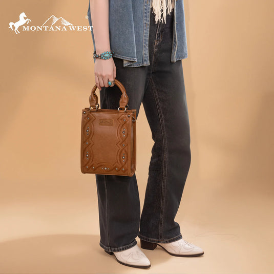 MW1334-1831BR - Montana West Embroidered Aztec Small Tote/Crossbody - Brown