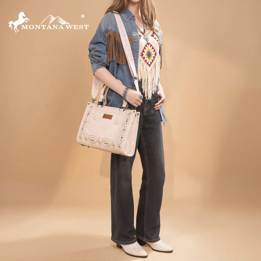 MW1334G-8250BG - Montana West Embroidered Concealed Carry Collection Tote - Beige